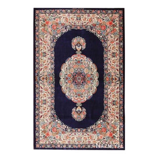Nazmiyal Collection Blue Background Floral Vintage Persian Silk Qum Rug For Sale