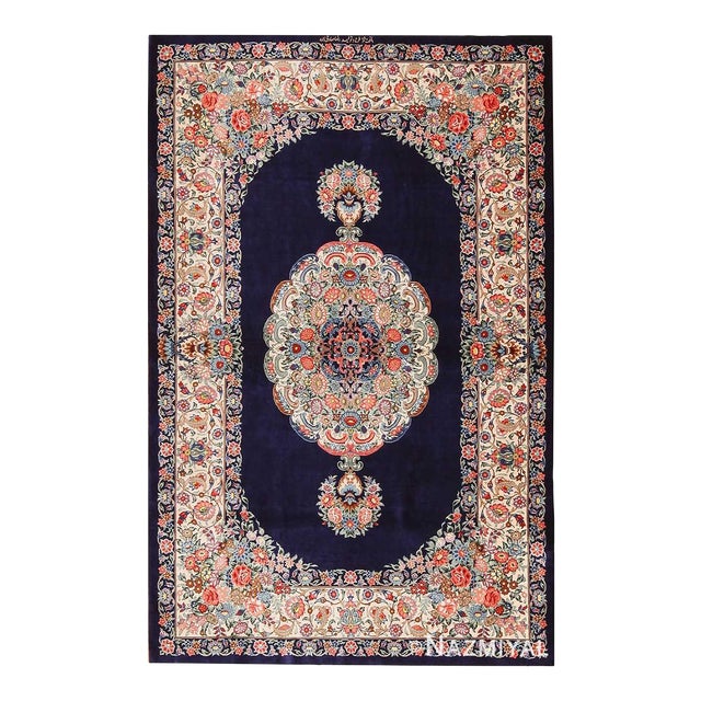 Nazmiyal Collection Blue Background Floral Vintage Persian Silk Qum Rug For Sale