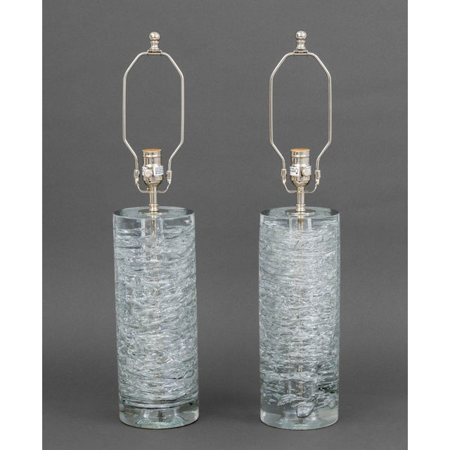 Pair of Vaughan Designs "Rutland" Ice Block Glass Columnar Lamps, with chrome hardware ball finials. 25.5" H x 5"...