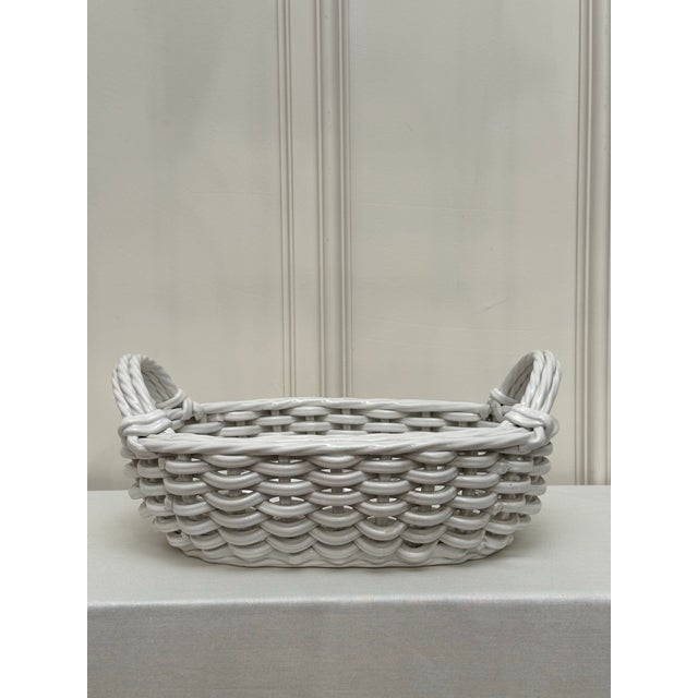 Mid 20th Century Vintage French Wicker White Glazed Earthenware Woven Basket For Sale - Image 5 of 11