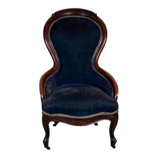 Antique Victorian Walnut Rococo Revival Navy Velvet Parlor Chair For Sale