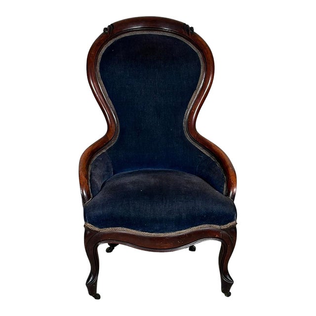 Antique Victorian Walnut Rococo Revival Navy Velvet Parlor Chair For Sale