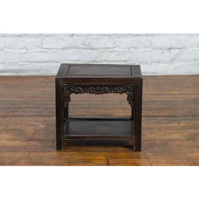 Asian 1900s Chinese Late Qing Dynasty Stool with Cloud-Carved Apron & Lower Shelf For Sale - Image 3 of 13