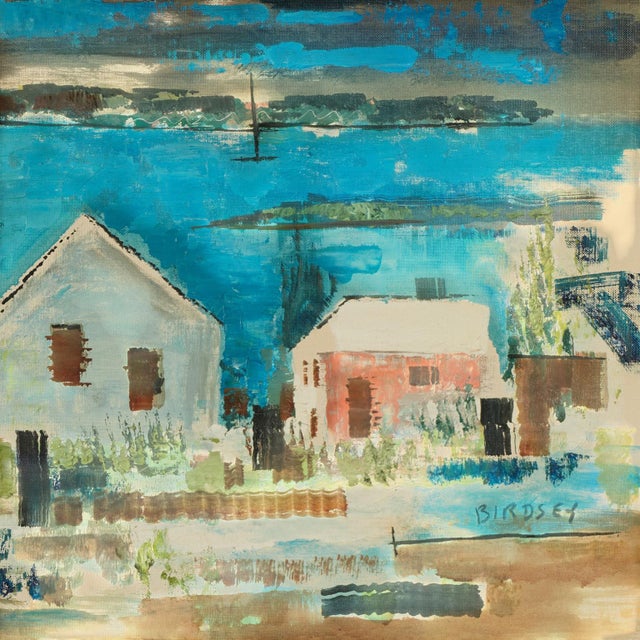 Blue Vintage Modernist Painting of a Bermuda Bayscape by Alfred Birdsey For Sale - Image 8 of 12