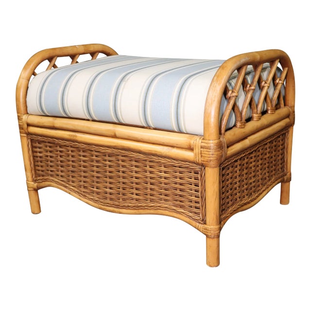 Bamboo and Wicker Upholstered Ottoman For Sale