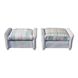 Lloyd Loom White Wicker Ottomans With Green Plaid Cushions—A Pair For Sale