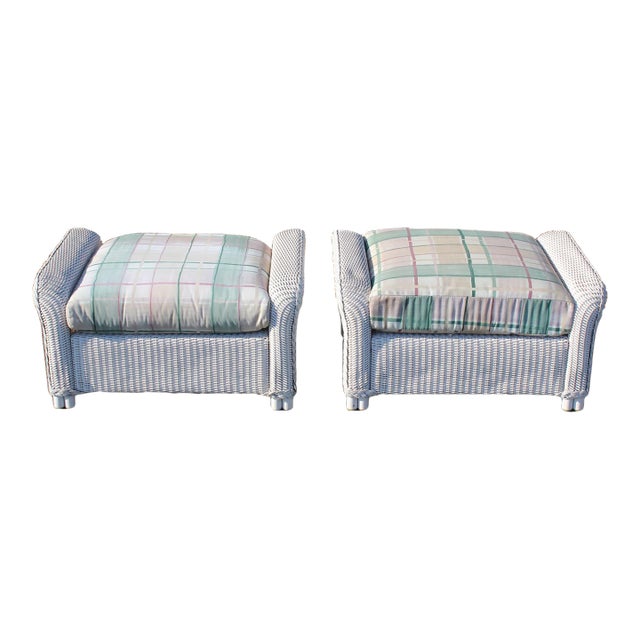 Lloyd Loom White Wicker Ottomans With Green Plaid Cushions—A Pair For Sale