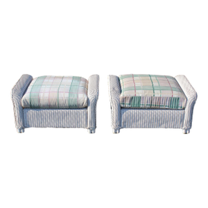 Lloyd Loom White Wicker Ottomans With Green Plaid Cushions—A Pair