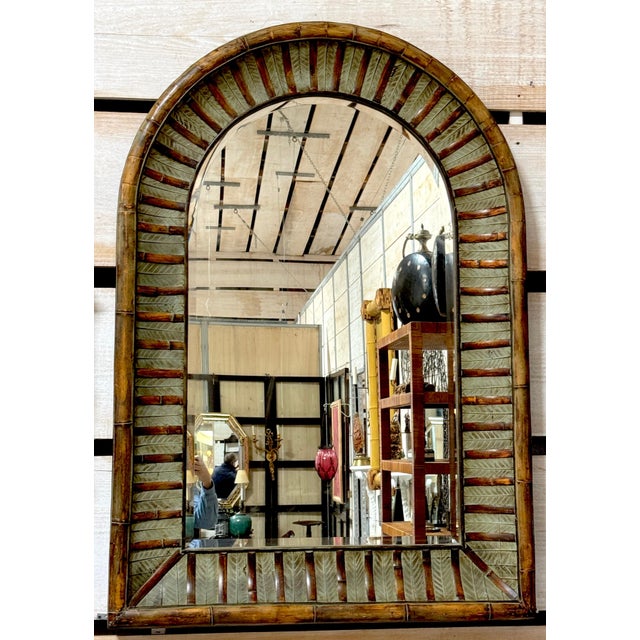La Barge Arch Top Polychromed Bamboo & Leaf Motif Beveled Mirror Attributed to La Barge, Late 20th Century This stunning...