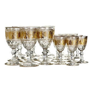 Vintage Val St. Lambert Danse De Flore Etched Gilded Facet Cut Crystal Goblets Set- 24 Pieces For Sale