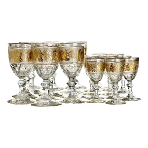 Vintage Val St. Lambert Danse De Flore Etched Gilded Facet Cut Crystal Goblets Set- 24 Pieces