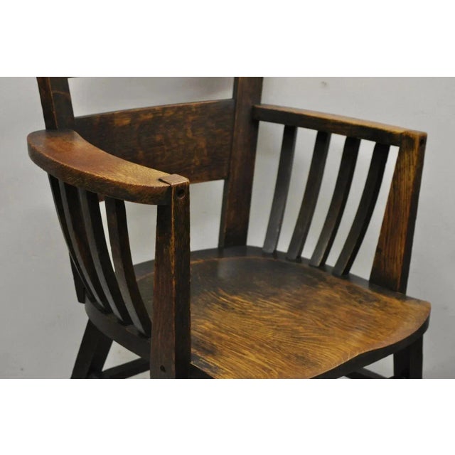 Early 20th Century Antique Arts & Crafts Mission Oak Bowed Spindle Plank Seat School Arm Chair For Sale - Image 9 of 12