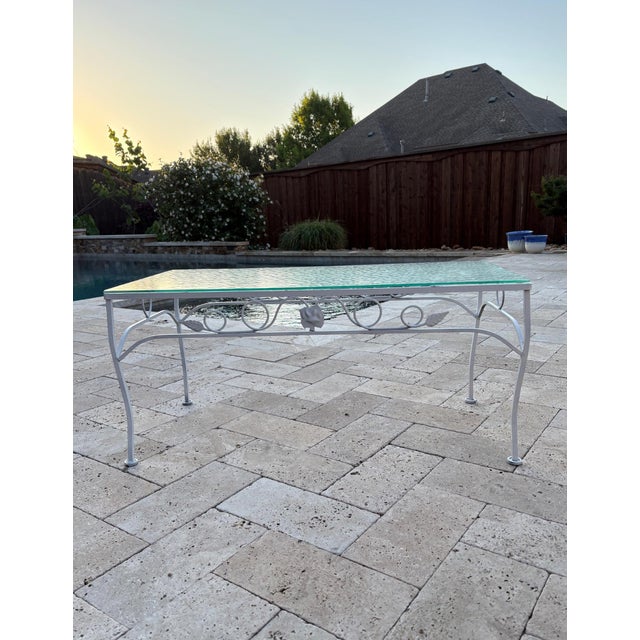 Metal Vintage Woodard Style Chantilly Rose Wrought Iron & Glass Coffee Table Outdoor Furniture For Sale - Image 7 of 12
