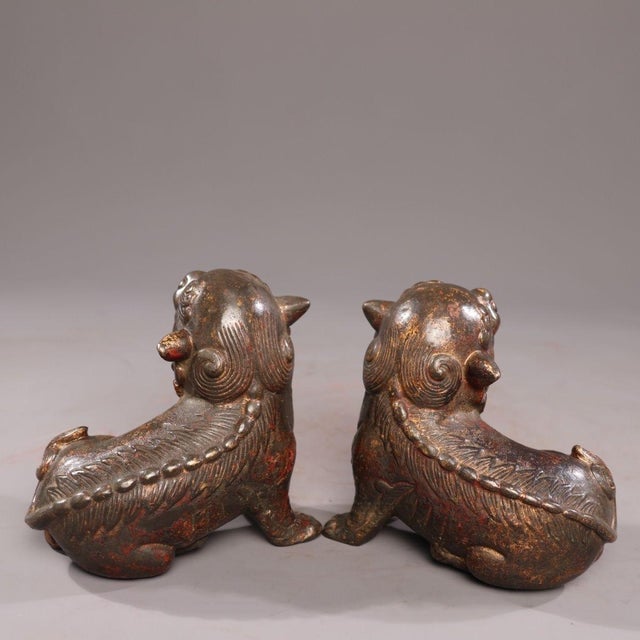 Bronze Pair of Antique Gilt Bronze Pixiu Statues, Mythical Beast Figures, 1.37kg For Sale - Image 8 of 9