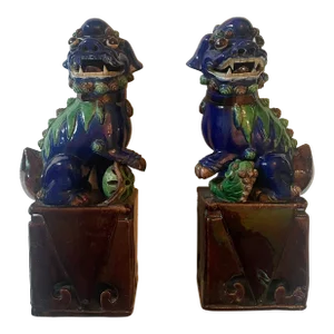 Pair of Late 19th Century Antique Polychrome Foo Dogs