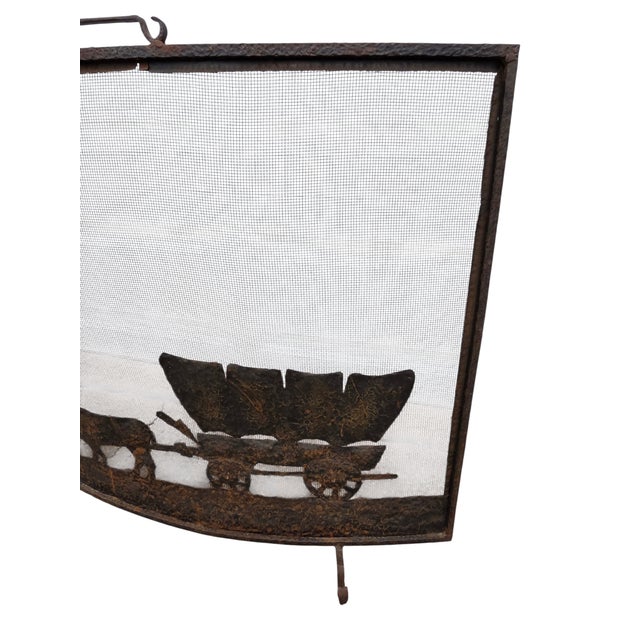 Antique Rustic Wrought Iron Fireplace Screen Silhouette Covered Wagon Ox Western For Sale - Image 4 of 18