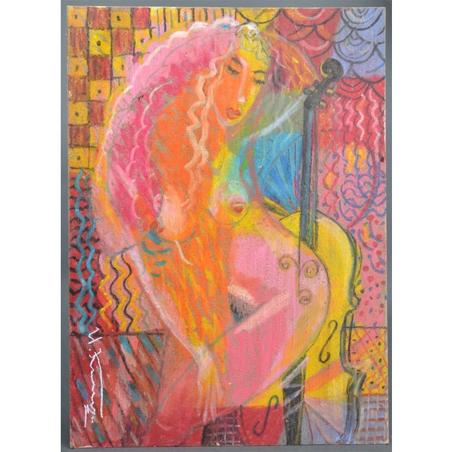 Uldis Krauze, Nude Girl with Chello, 2020, Oil Painting on Board For Sale