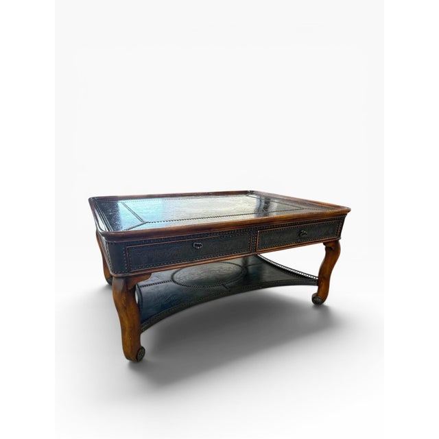 Wood Theodore Alexander Louis XIII Style Etched Brass Tray Top Coffee Table For Sale - Image 7 of 16
