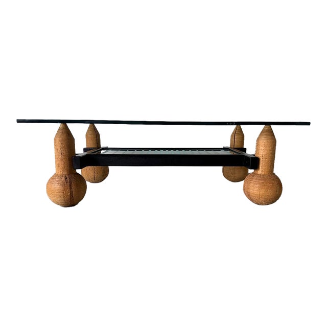 1980s Italian Postmodern Sculptural Turned Wood & Glass Two-Tier Rectangular Coffee Table For Sale