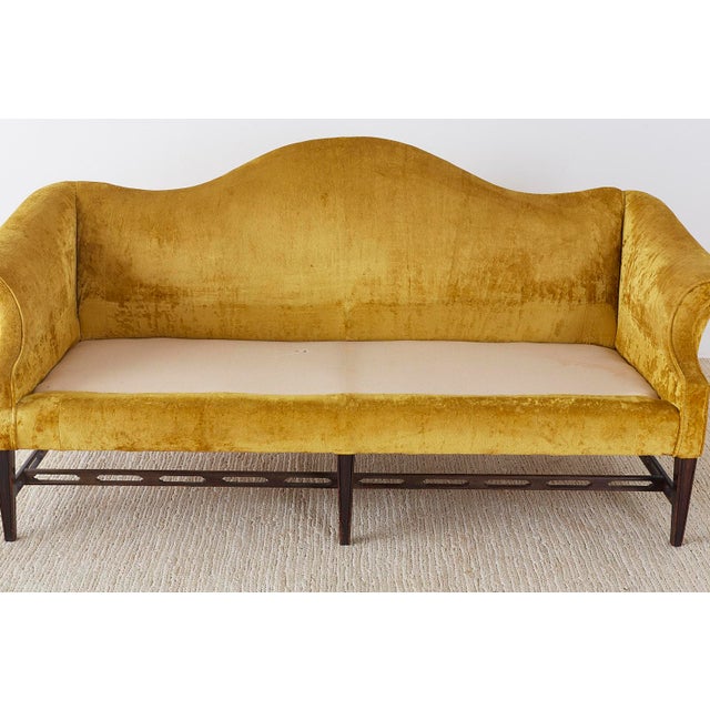 Chinese Chippendale Style Citron Velvet Camel Back Sofa For Sale - Image 9 of 13