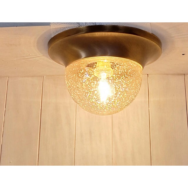 Metal Vintage German Ceiling Lamp with Slightly Tinted Ice Glass Shade on Brass Mount, 1990s For Sale - Image 7 of 7