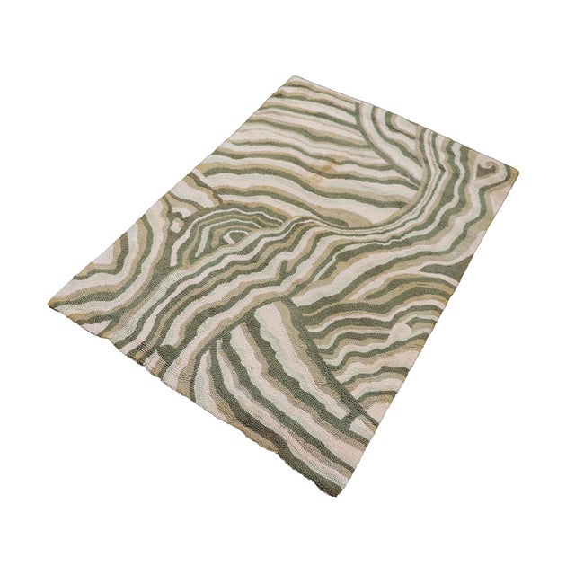 1940s 3'x4' Vintage Hand-Hooked Rug – Geometric Mid-Century Design in Soft Greens & Cream – Artisan-Made Cotton Loop Pile For Sale - Image 5 of 9