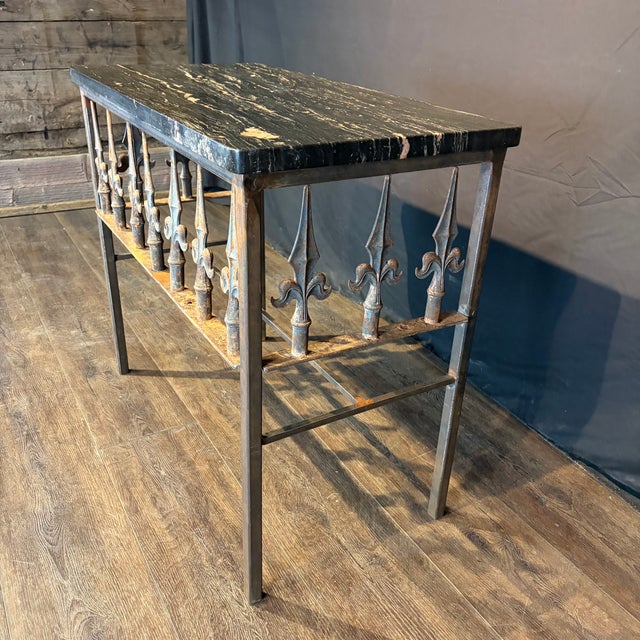 Metal Antique French Wrought Iron Console Table With Balcony Railing and Marble For Sale - Image 7 of 10