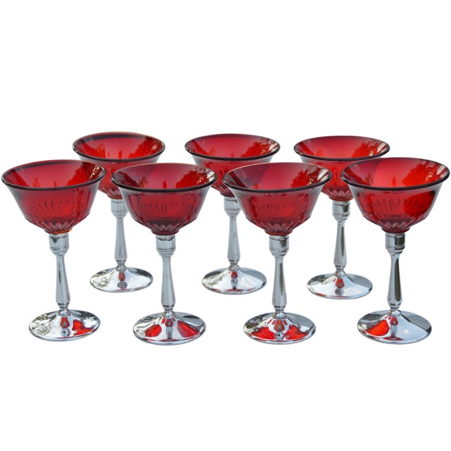 Set of seven vintage bohemian cocktail / aperitif coupes, with red-patterned glass goblets and ornate sleek silver...