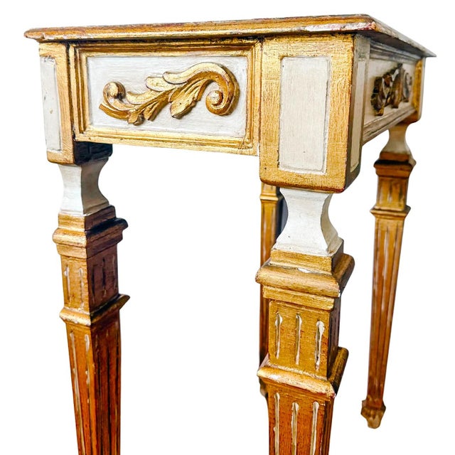 Wood 1950 Italian Florentine Neoclassical Gilt & Cream Small Console Table For Sale - Image 7 of 15