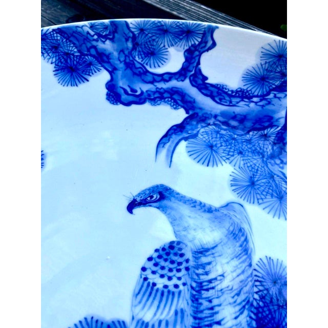 Mid 20th Century Monumental Japanese Blue & White Porcelain Charger With Hawk & Pine Landscape For Sale - Image 9 of 15