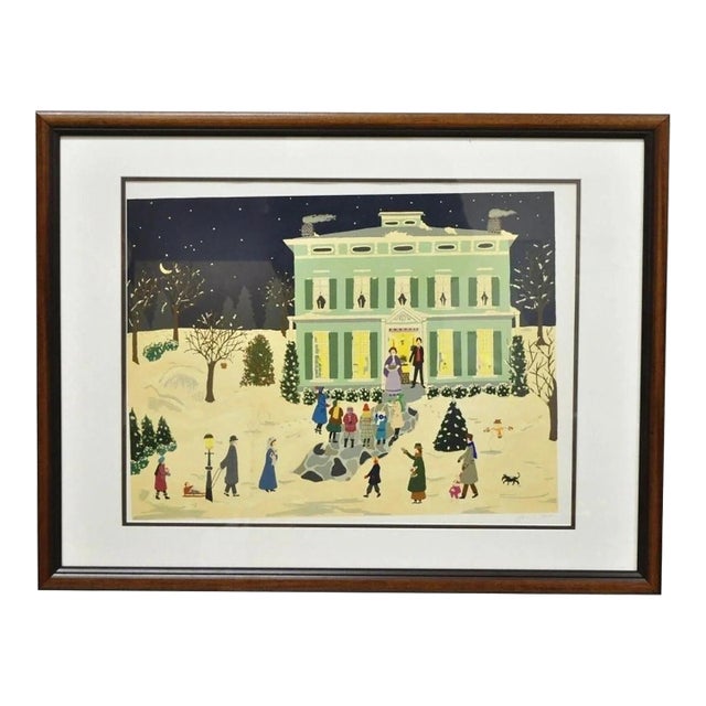 Late 20th Century Jane Currie Clark "Christmas Carolers" Signed Art Serigraph Print Picture For Sale