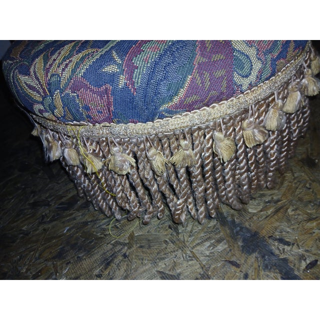 Blue Vintage Blue Floral Paisley Ottoman Foot Stool With Tapestry Upholstery and Gold Tassel Fringe. For Sale - Image 8 of 8