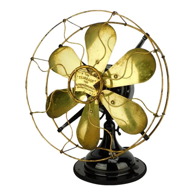 1914 Robbins & Myers R&M 6 Blade Stationary Desk Fan Brass Blade and Guard For Sale