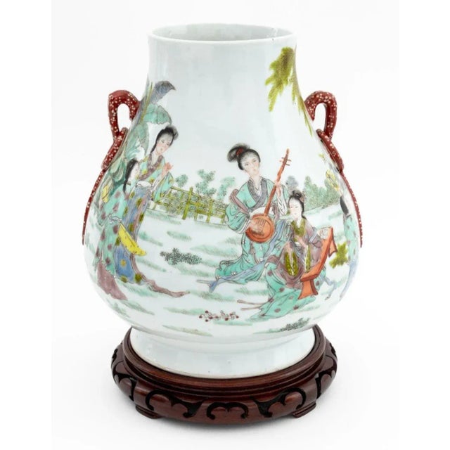 Chinese Famille Verte Porcelain Hu Vase, hand-enameled with courtly landscape and with two applied loop form handles, blue...