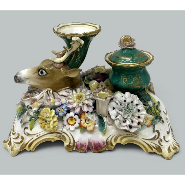 English Antique English Coalbrookdale Flower Encrusted Porcelain Inkwell Centerpiece 1820 For Sale - Image 3 of 7
