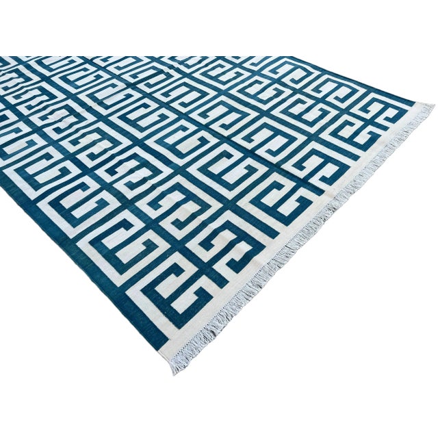 Not Yet Made - Made To Order Not Yet Made - Made To Order Handmade Cotton Natural Vegetable Dyed Teal Blue and White Geometric Pattern Rug - 6'x9' For Sale - Image 5 of 11