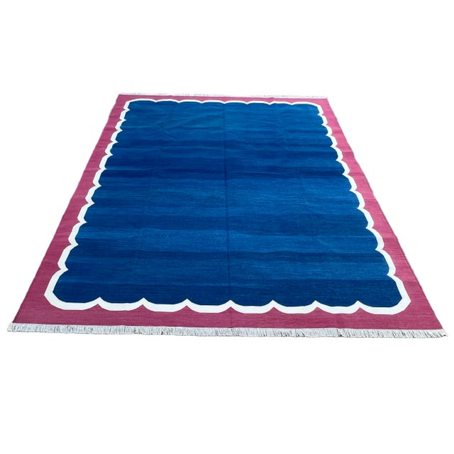 Not Yet Made - Made To Order Handmade Cotton Vegetable Dyed Scalloped Rug Indigo Blue With Raspberry Pink Border - 8'x10' For Sale - Image 9 of 11