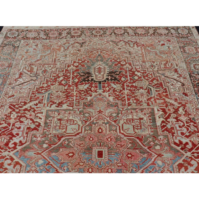 Textile Antique Persian Heriz Rug With Central Medallion in Red and Blue 9'7 X 12'10 For Sale - Image 7 of 16