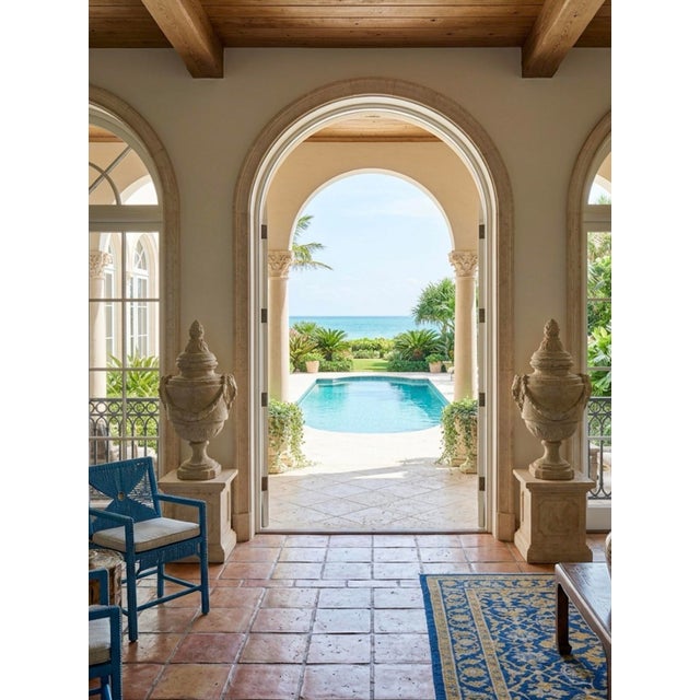 Beige Pair of Grand Neoclassical Resin Garden Urns With Garlands and Lion Masques For Sale - Image 8 of 8