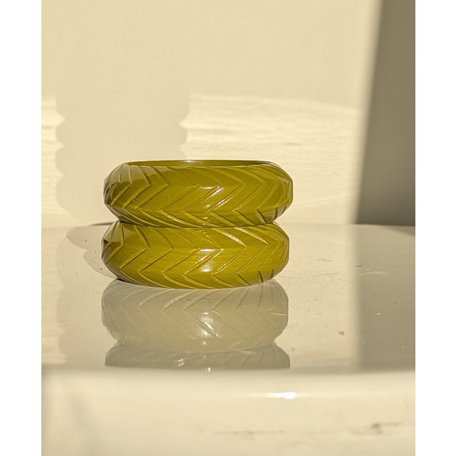 Contemporary Vintage Embossed Simple Linnear Patten in Olive Green Bangles - A Pair For Sale - Image 3 of 3
