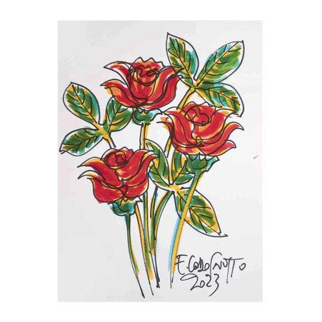 Ferdinando Codognotto, Red Roses, Marker Drawing, 2023 For Sale