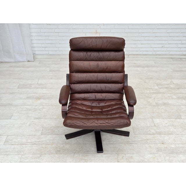 Danish Swivel Armchair in Brown Furniture Leather from Georg Thams, 1970s For Sale - Image 15 of 18