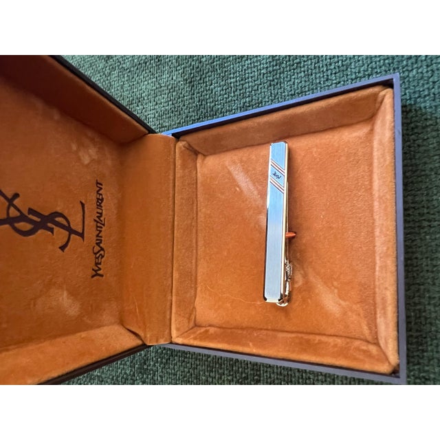 Vintage Yves Saint Laurent YSL Logo Tie Clip Original Case gold plate and stainless steel tie clip featuring a front Dior...