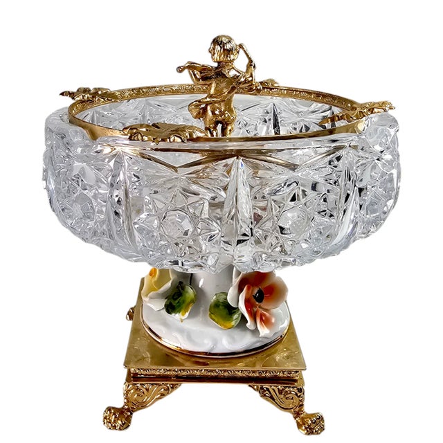 Rococo Baroque Regency Crystal & Gilded Metal Pedestal Ashtray – Cherub & Porcelain Flowers For Sale - Image 3 of 12