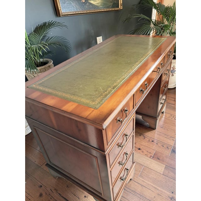 Antique Twin Pedestal Desk in Dark Yew Wood and Leather Top, 1980 For Sale - Image 6 of 18