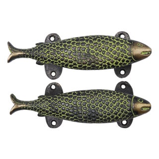 Green Brass Fish Door Handles, a Pair For Sale
