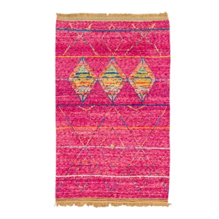 Modern Moroccan Style Pink Handmade Tribal Pattern Boho Wool Rug For Sale