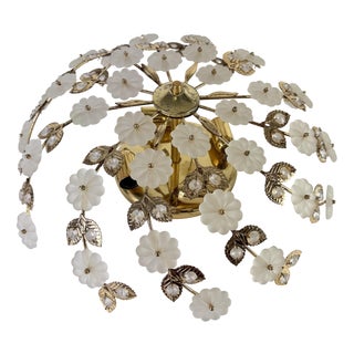 Large Four-Light Glacier Flowers Chandelier in Gilded Metal and Opaline Murano Glass, 1980s For Sale