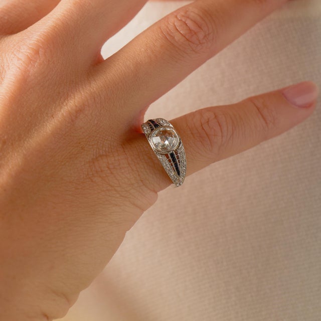 1920s 1920s Art Deco Gia 1.06 Carat Rose Cut Diamond Onyx Platinum Engagement Ring, Size 4.25 For Sale - Image 5 of 8