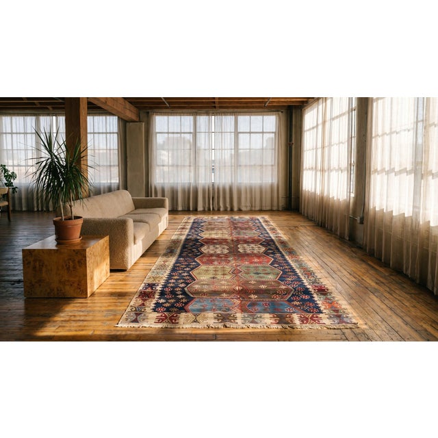 1850s Multicolor Geometric Kilim Antique Turkey Rug Flat Weave Rug 5'0" X 10'8" Wool Carpet For Sale In New York - Image 6 of 8